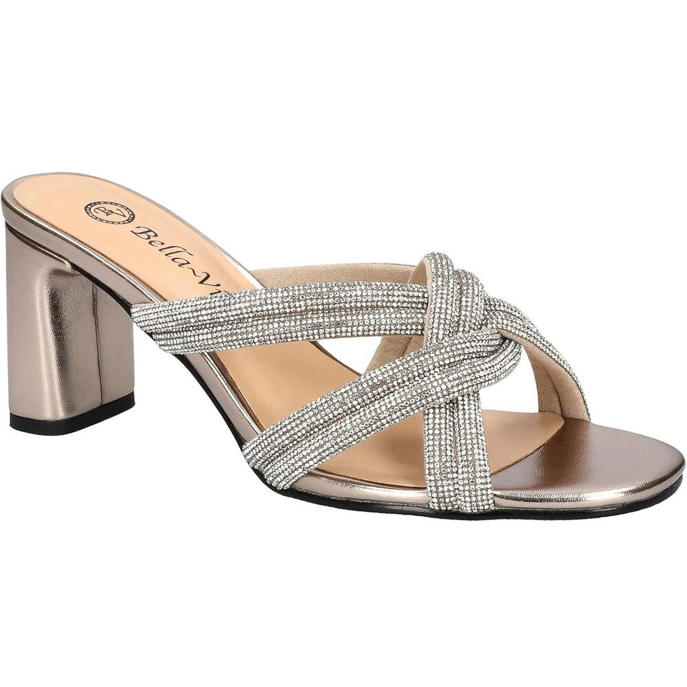 Bella Vita Women Carmen Cross Strap Slide Sandals Size US 6.5W Gold w/ Stones